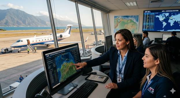 Two female aviation professionals in a modern control room monitor a flight map on a computer as a small jet sits at the gate outside the windows.