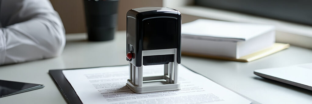 Black self-inking stamp resting on a printed document on a light office desk with a tablet to the left and a laptop to the right.